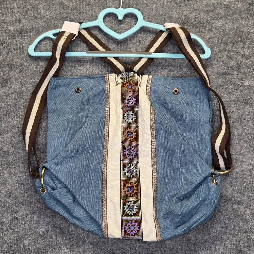 CaiYunYinJi Backpack Bag Womens Medium Blue Canvas Boho Embroidered Floral